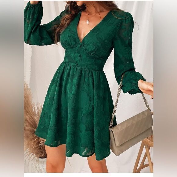 Cupshe Emerald Lace Mini Dress Long Sleeve Floral Print A Line Dress L RefCPS079 - Picture 9 of 13